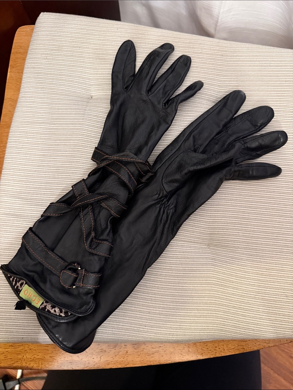 Black Leather Long Women's Gloves with Wrap Detail